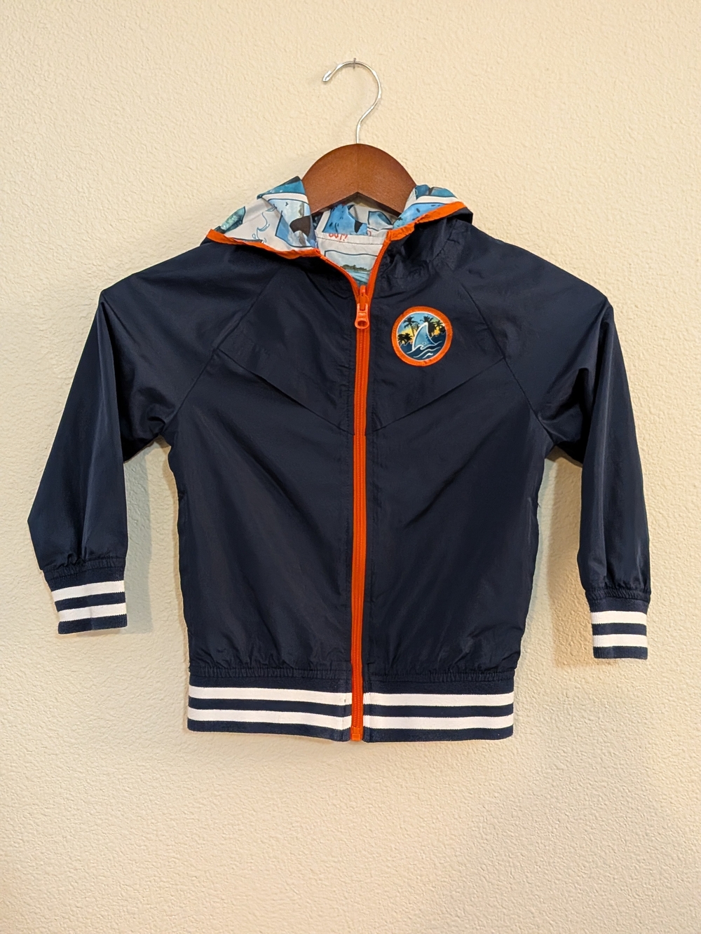 Kids Navy Blue Hooded Reversible Shark Jacket with Orange Trim